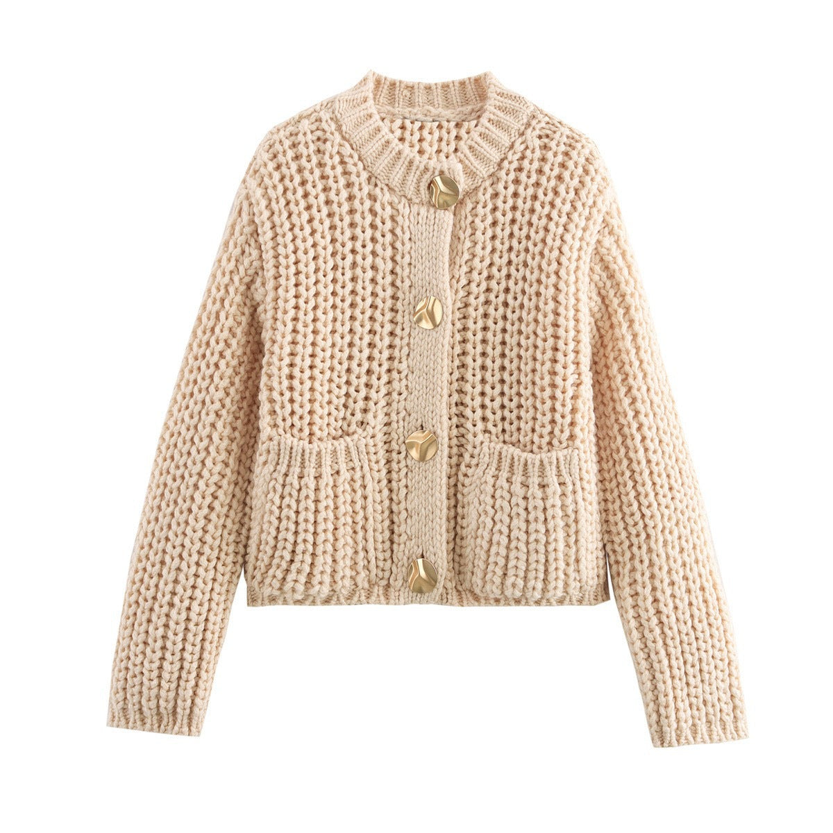 Cardigan femme en maille épaisse avec boutons dorés - Oversize