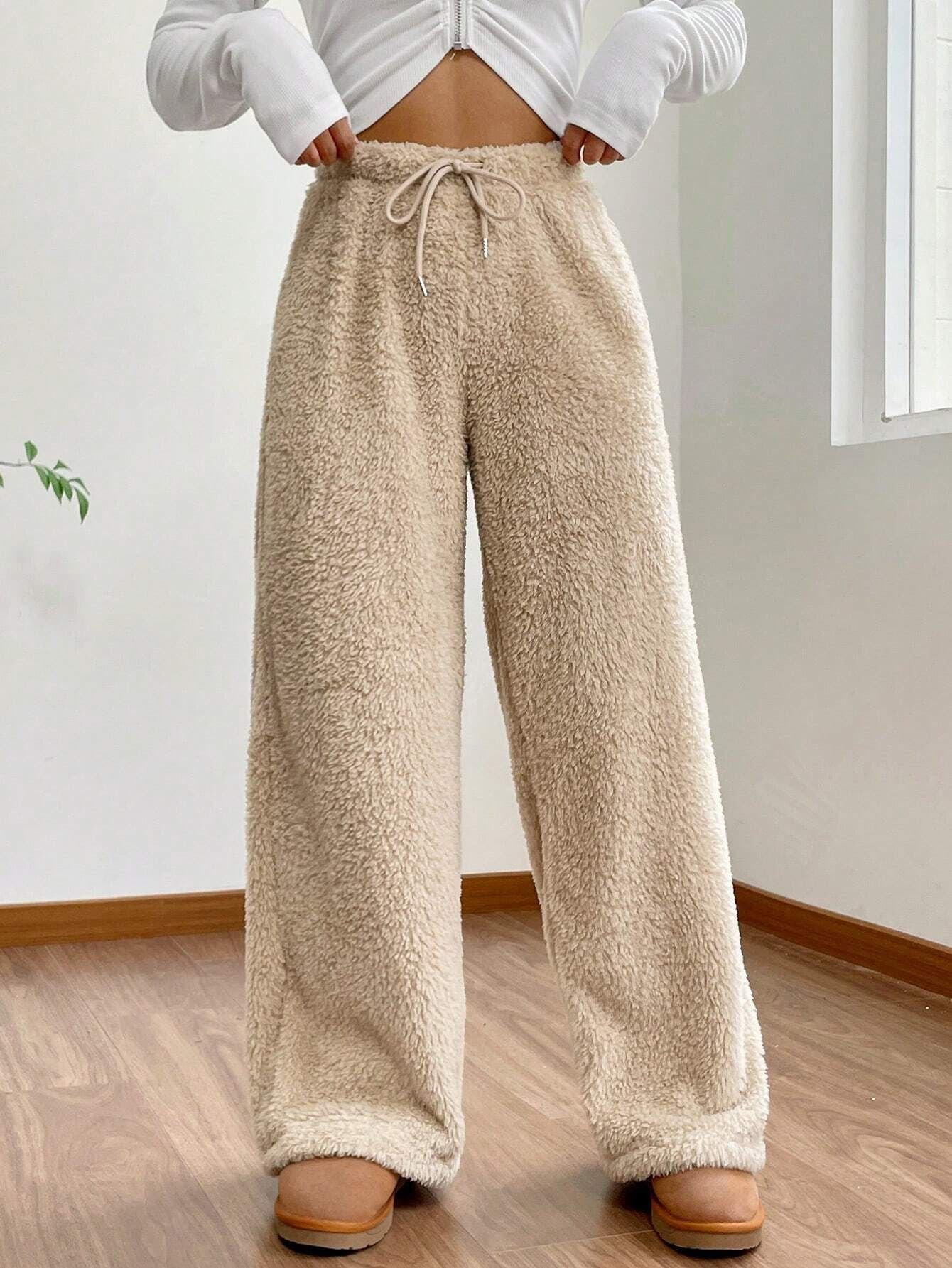 Pantalon taille haute en peluche