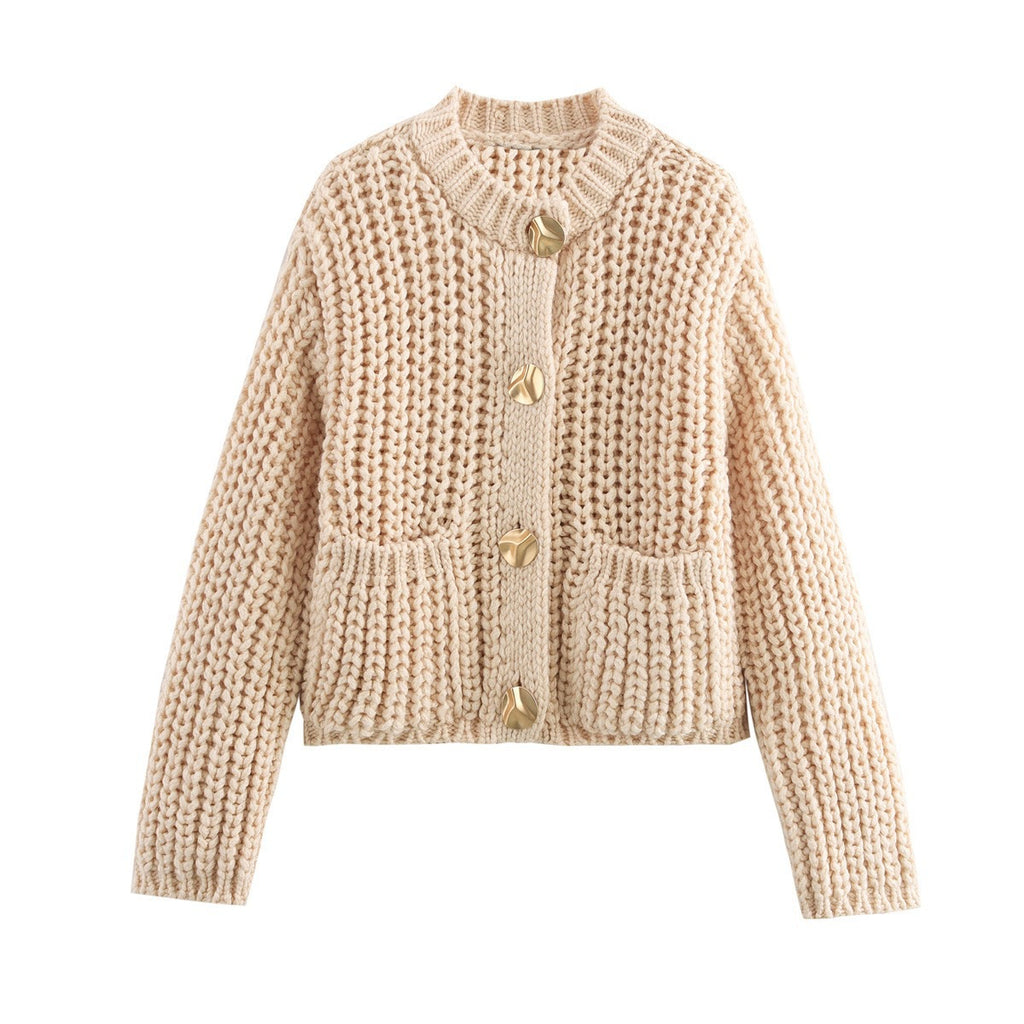 Cardigan femme en maille épaisse avec boutons dorés - Oversize
