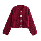 Cardigan femme en maille épaisse avec boutons dorés - Oversize